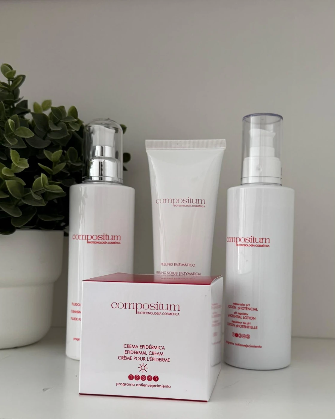 Línea de productos Compositum: fluido limpiador, peeling enzimático, loción reguladora de pH y crema epidérmica